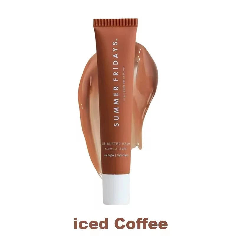 Brown tube of Summer Fridays lip butter balm with 'iced coffee' flavor on a white background