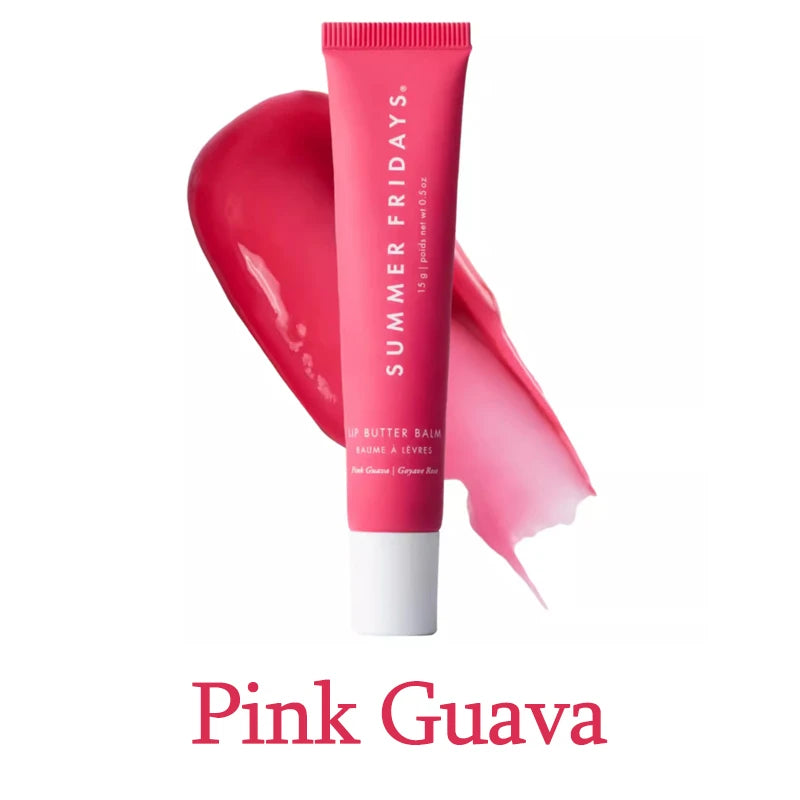 Pink lip balm tube labeled 'Summer Fridays' with 'Pink Guava' text on a white background