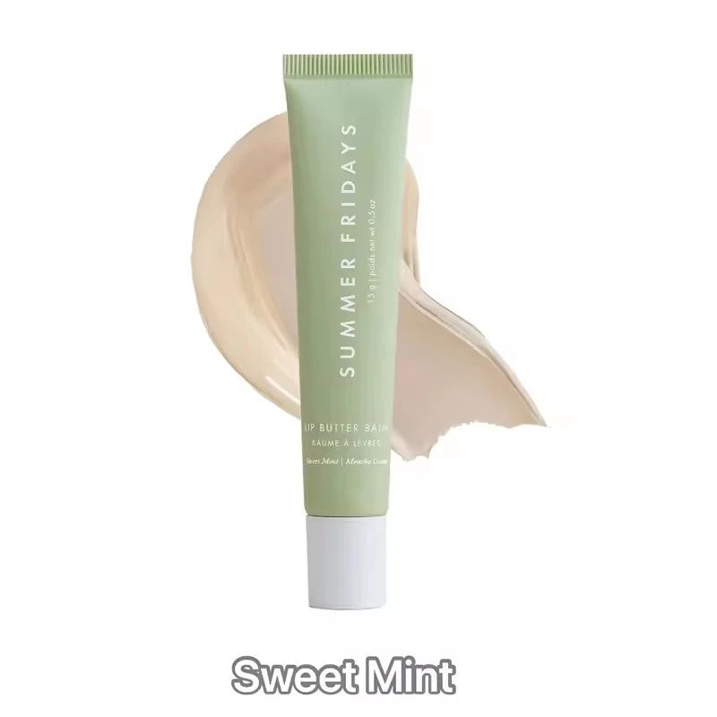 Tube of Summer Fridays Sweet Mint lip butter on a white background