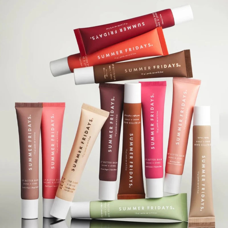 Collection of Summer Fridays lip balm products on a light gray background