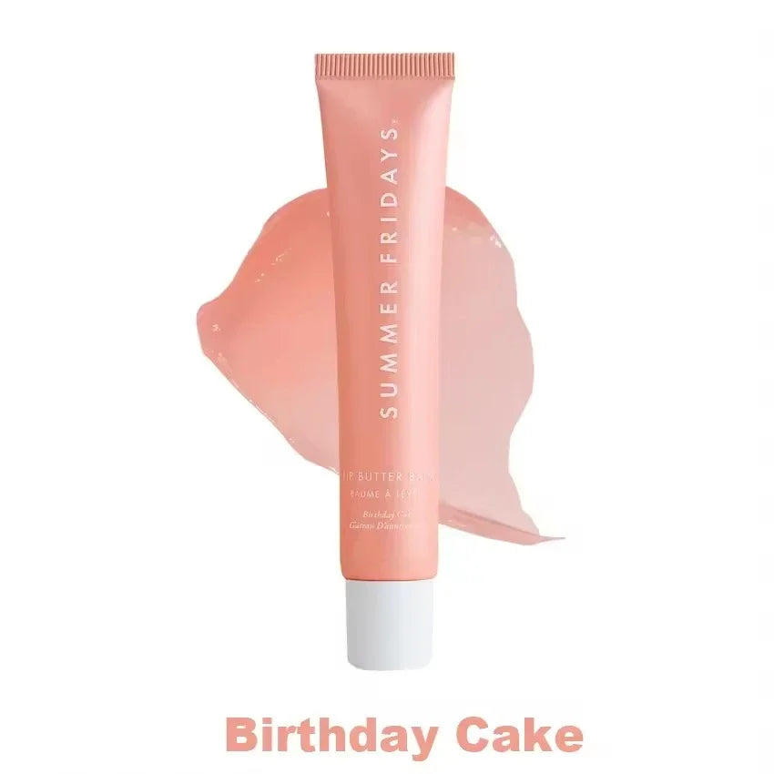Pink Summer Fridays lip balm with 'Birthday Cake' text on a white background