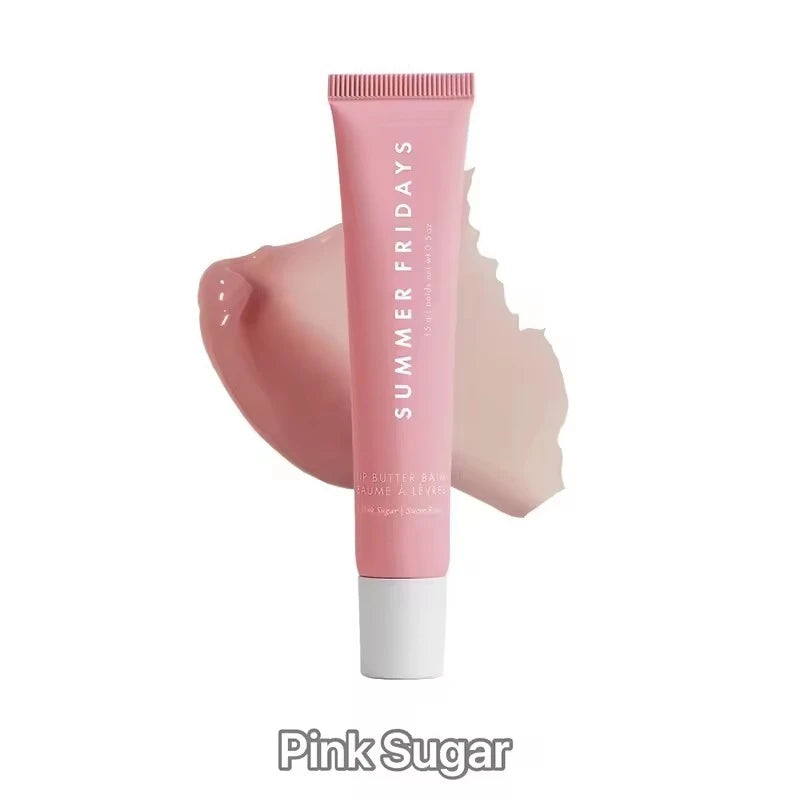 Pink Summer Fridays lip balm with a swatch of color on a white background