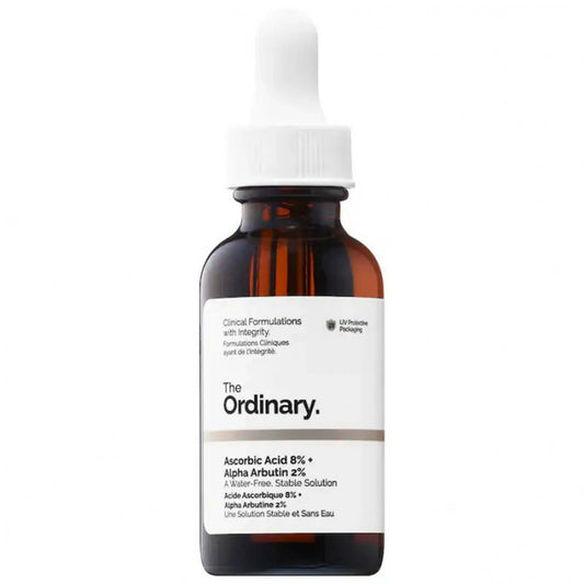 The Ordinary Ascorbic Acid 8% and Alpha Arbutin 2% brightening serum bottle