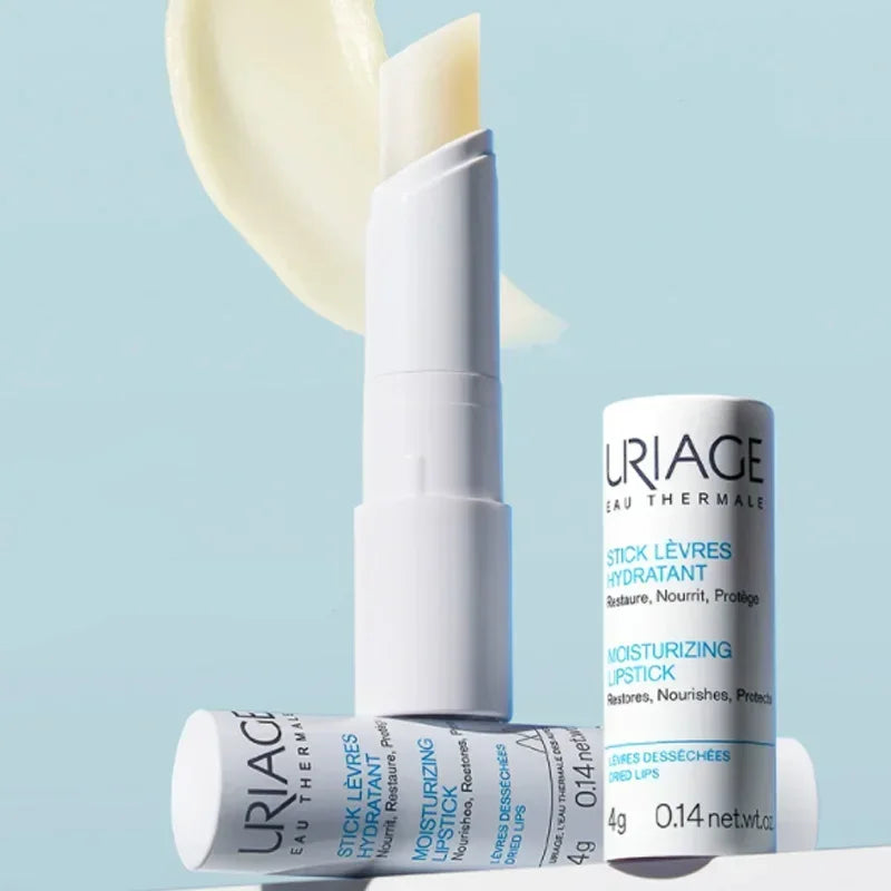 Uriage moisturizing lipstick on a light blue background