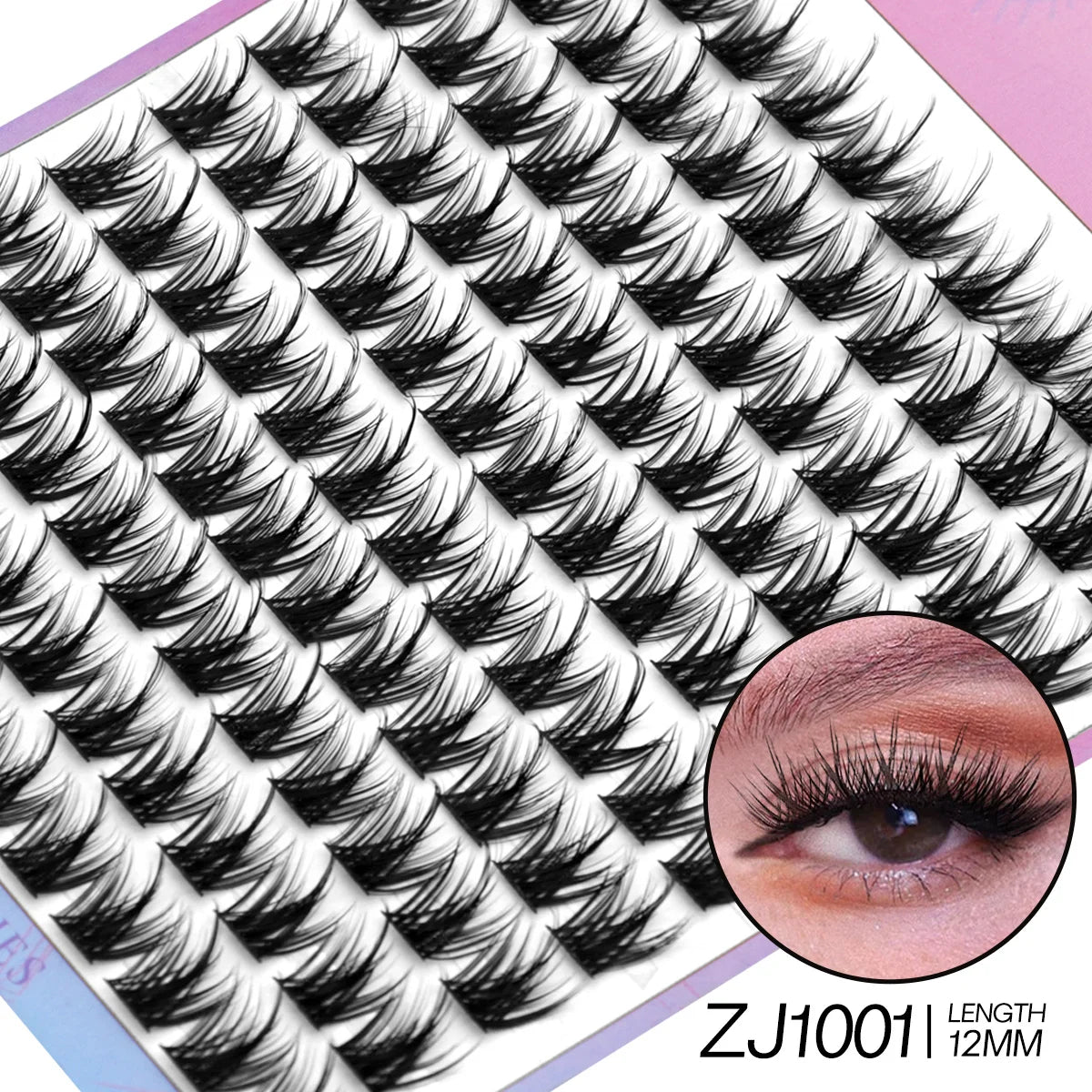 Eyelash extensions with a close-up of an eye wearing them on a pink and purple background.