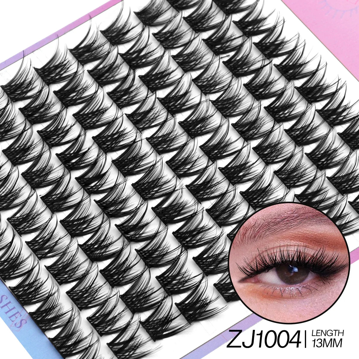 Eyelash extensions with a close-up of an applied lash on a pink background